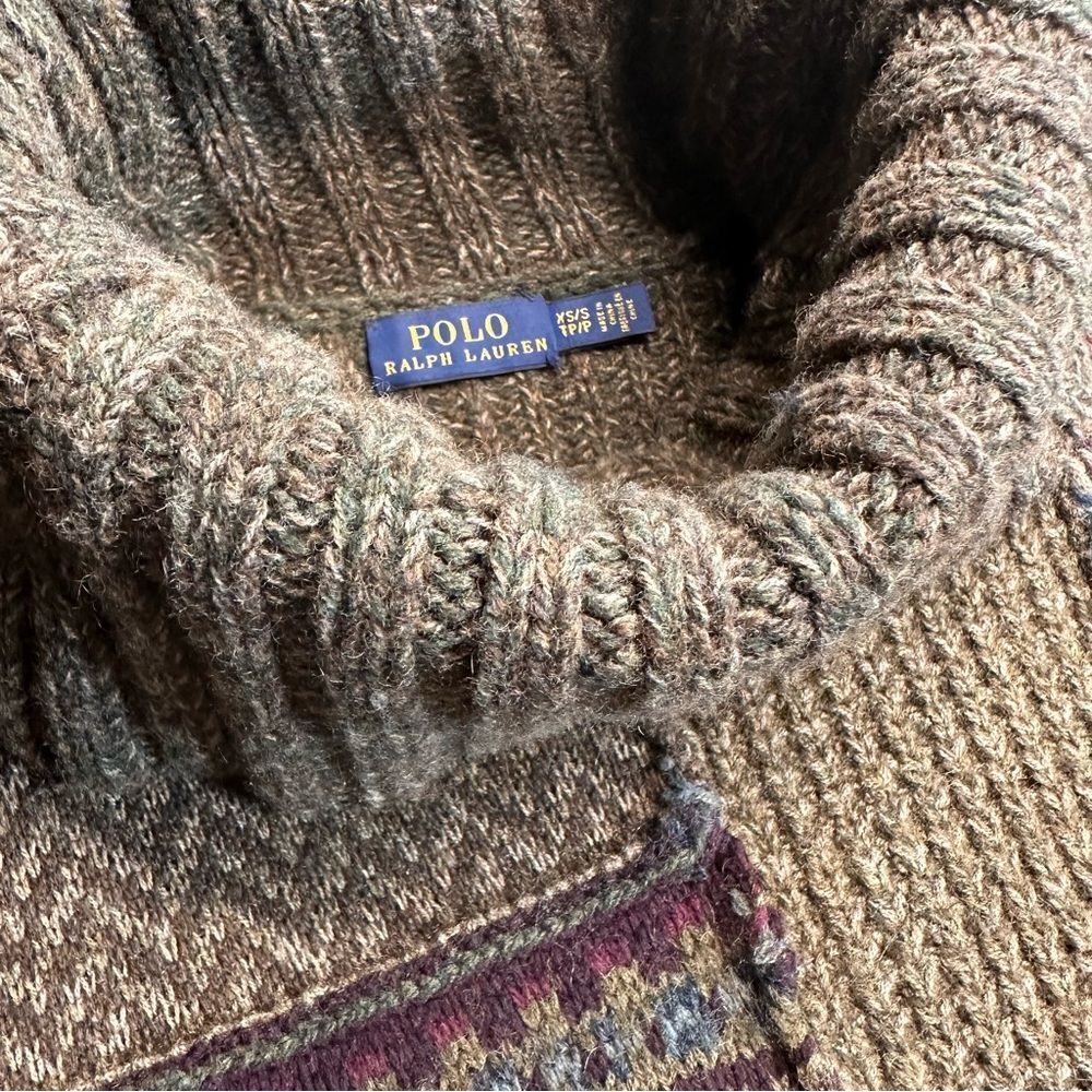 Polo Ralph Lauren Turtleneck Knit Poncho Olive and Brown Fair Isle Patchwork - Picture 14 of 16